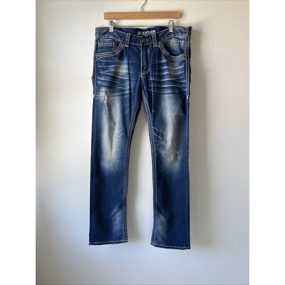 Affliction Ace Jeans Mens 34x34 Dark Wash Straight Leg Distressed Fade Cotton